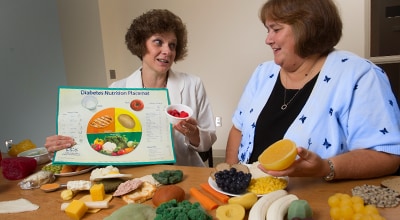 Diabetes Care team member explaining a chart to a patient